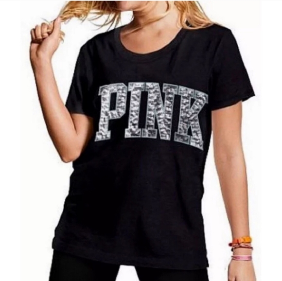 PINK VS Sequin Bling 💎 Logo Tee Shirt Black & Silver - Picture 5 of 6